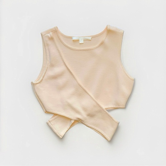 JONATHAN SIMKHAI LIGHT PEACH KNIT CUT OUT CROSSOVER CROP TANK TOP - Picture 3 of 10